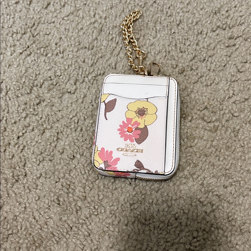 Coach White Floral Card Holder with Gold Chain